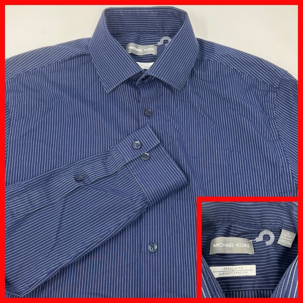 Michael Kors‎ Men Regular Fit Airsoft Stretch Navy Pinstripe Dress Shirt Size 16